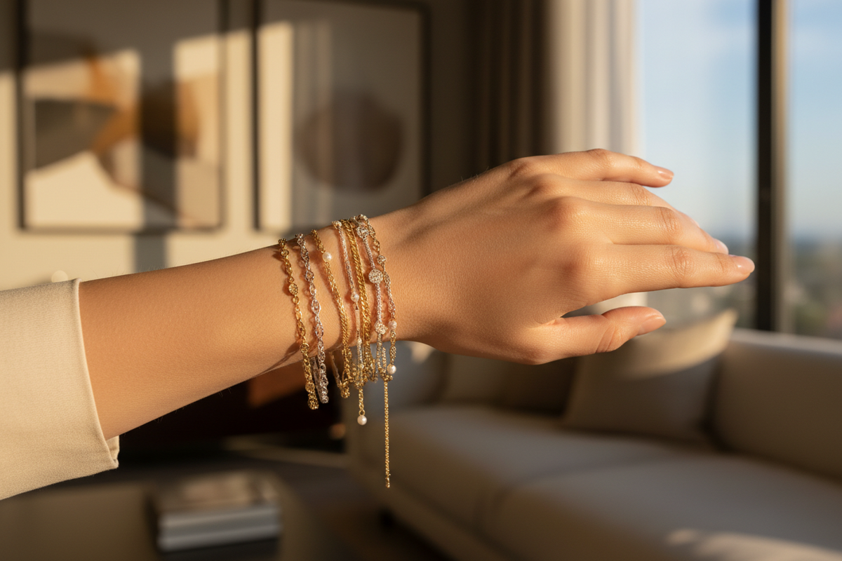 Frau präsentiert Armband am Handgelenk, natürliche Pose in modernem Umfeld, elegante und professionelle Schmuckaufnahme