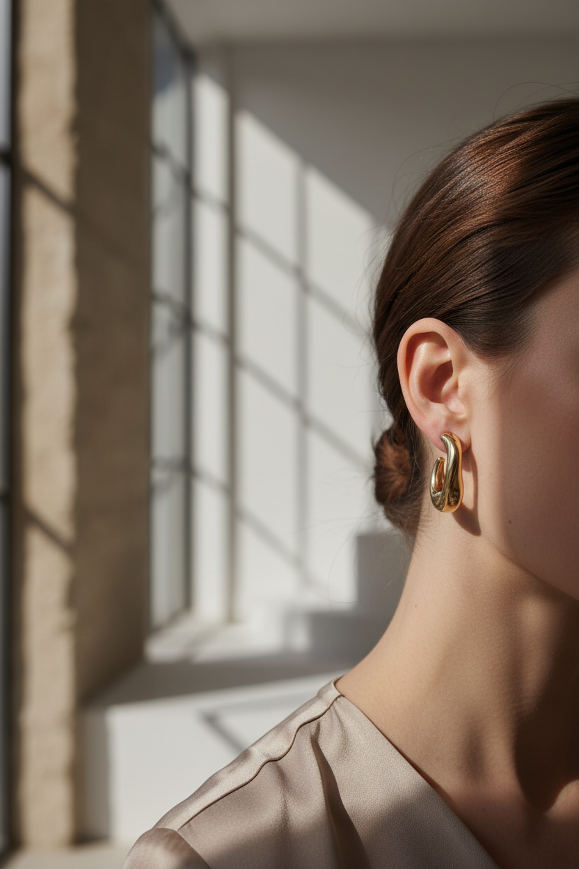 Frau trägt ein oder zwei elegante goldene Ohrringe, natürliche Pose, hochwertige realistische Schmuckaufnahme, stilvolle Damen-Ohrringe, professionelle Kollektion für Online-Shop