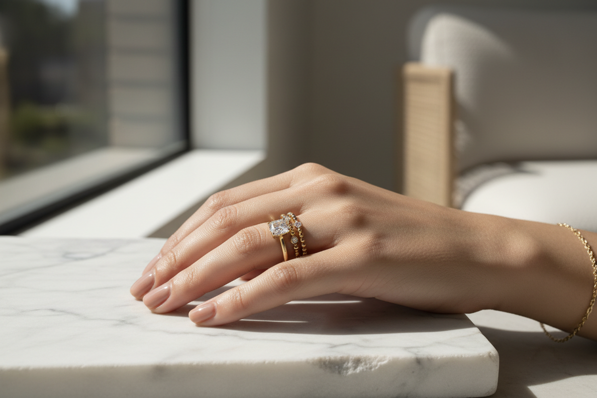 Frau zeigt ein oder zwei elegante goldene Ringe an der Hand, natürliche Pose, hochwertige realistische Schmuckaufnahme, stilvolle Damen-Ringe, professionelle Kollektion für Online-Shop